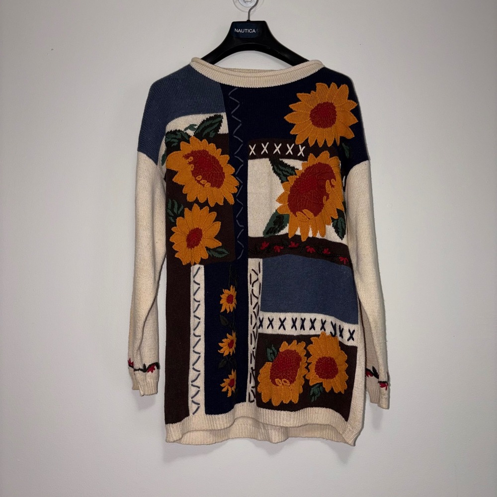 Vintage Stefano Basics Sunflower Patchwork Knit Sweater Womens 18/20 Multi-Color
